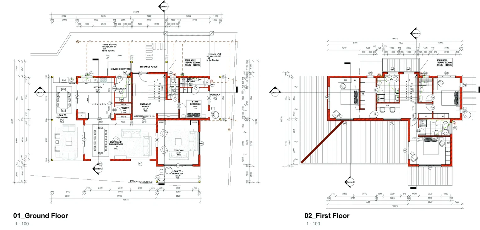 Floor plan drawings of a two-storey residence