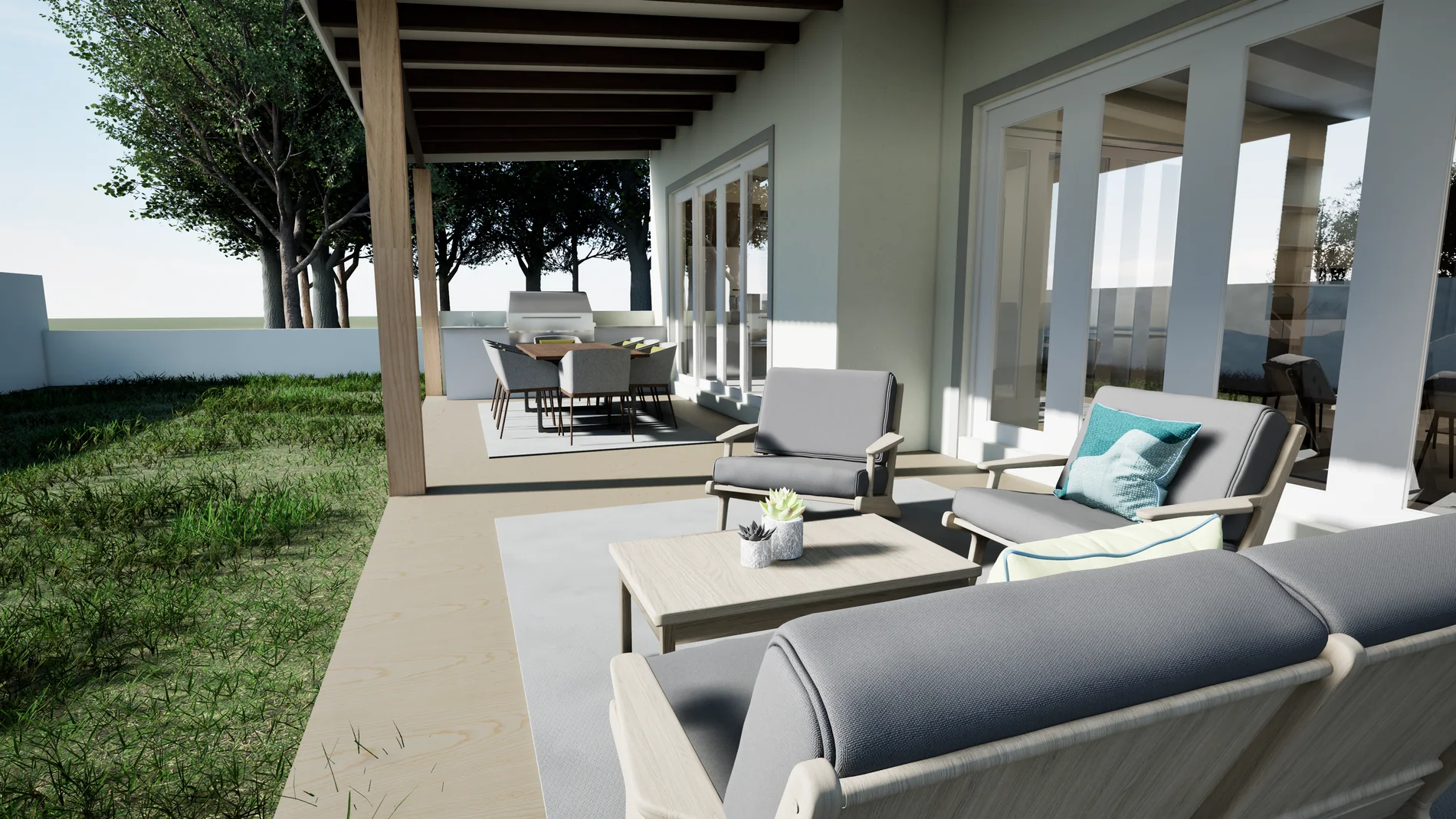 Architectural visualisation of a covered terrace with outdoor seating in a Harare residence