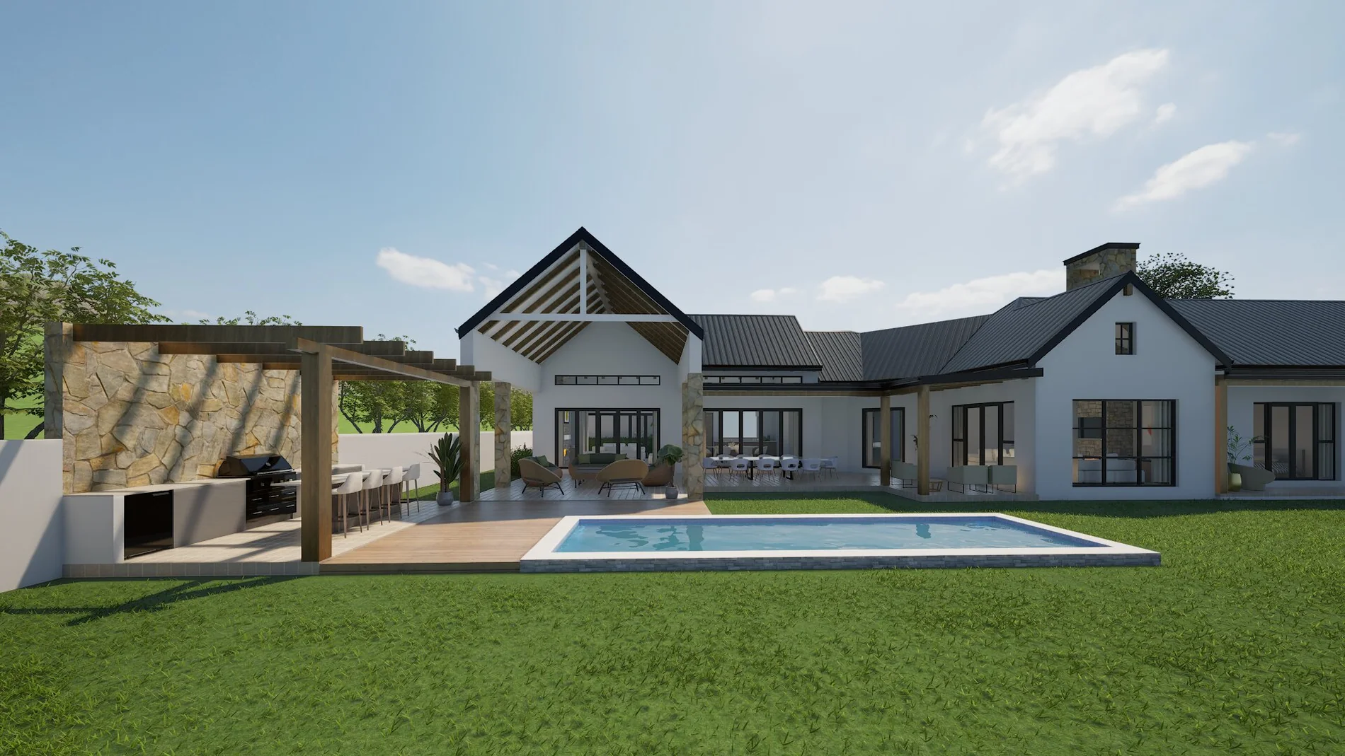 Architectural visualisation of a Harare residence with a pool, lawn and covered terrace