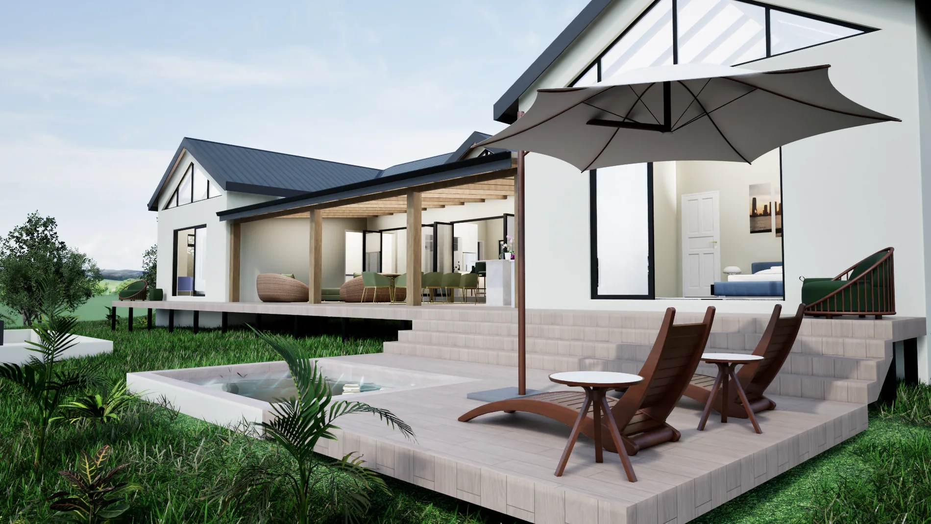 Architectural visualisation of a raised timber terrace with loungers beside a plunge pool