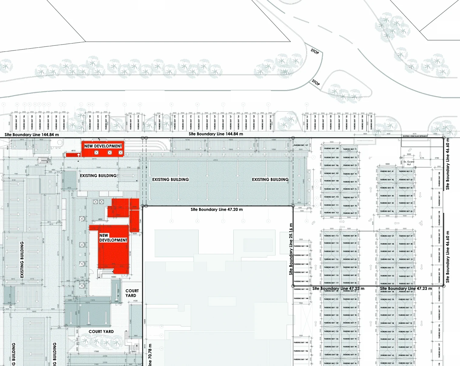 Cropped architectural site plan drawing with highlighted new development